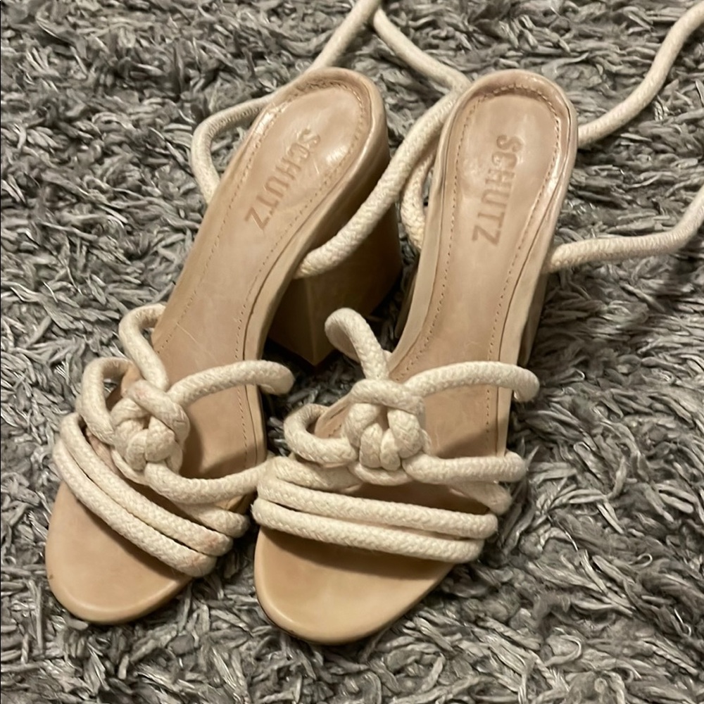 Schutz Cream Strappy Heels with Pearl Embellishments